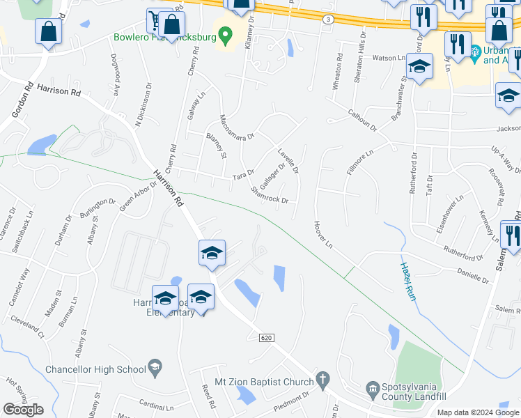map of restaurants, bars, coffee shops, grocery stores, and more near 5076 Kildare Court in Fredericksburg