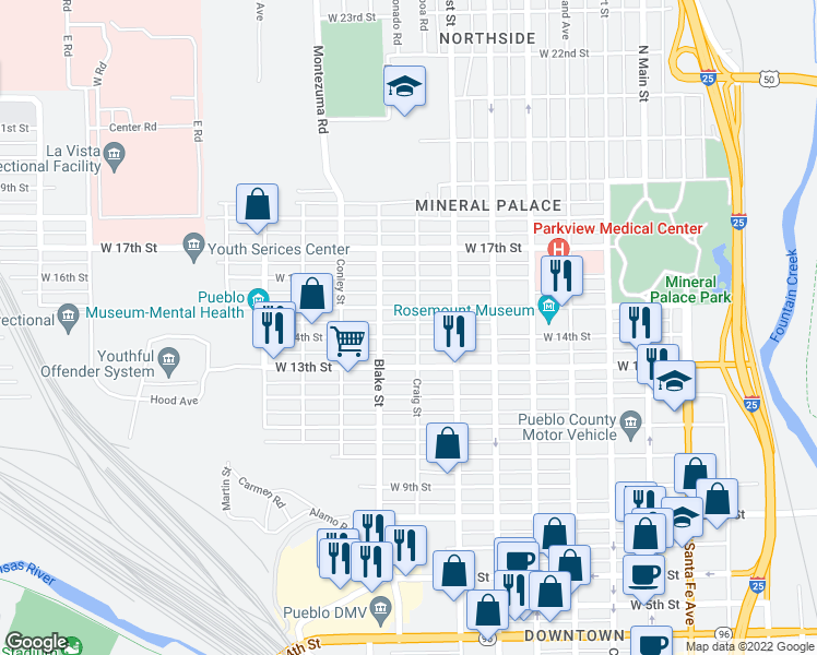map of restaurants, bars, coffee shops, grocery stores, and more near 723 West 14th Street in Pueblo