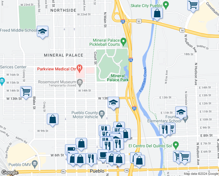 map of restaurants, bars, coffee shops, grocery stores, and more near 117 West 14th Street in Pueblo