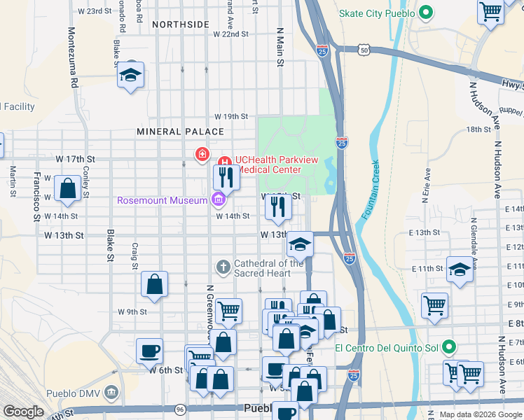 map of restaurants, bars, coffee shops, grocery stores, and more near 227 West 14th Street in Pueblo