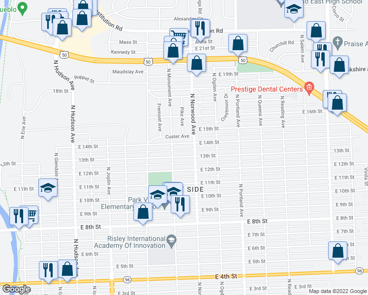 map of restaurants, bars, coffee shops, grocery stores, and more near 1424 E 14th St in Pueblo