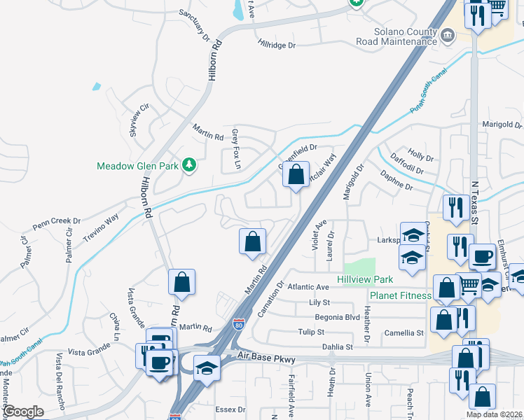 map of restaurants, bars, coffee shops, grocery stores, and more near 2173 Cedarbrook Drive in Fairfield