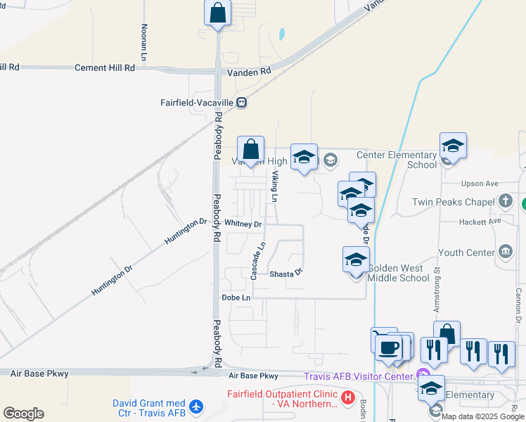 map of restaurants, bars, coffee shops, grocery stores, and more near 3212 Puffin Circle in Fairfield