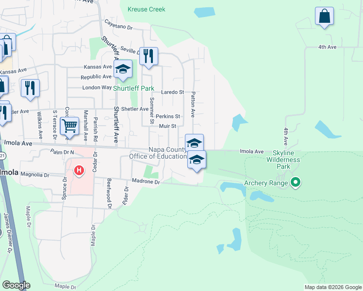 map of restaurants, bars, coffee shops, grocery stores, and more near 2190 Granada Street in Napa