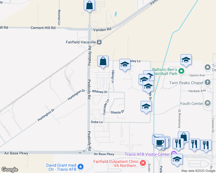 map of restaurants, bars, coffee shops, grocery stores, and more near 3219 Puffin Circle in Fairfield