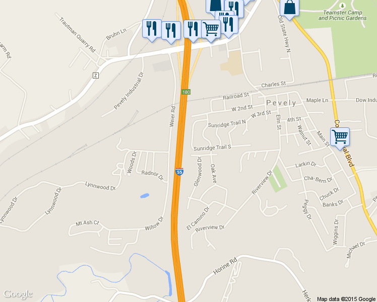 map of restaurants, bars, coffee shops, grocery stores, and more near 1014 Sunridge Trail West in Pevely