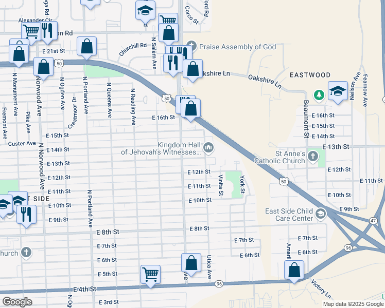 map of restaurants, bars, coffee shops, grocery stores, and more near 2113 East 13th Street in Pueblo