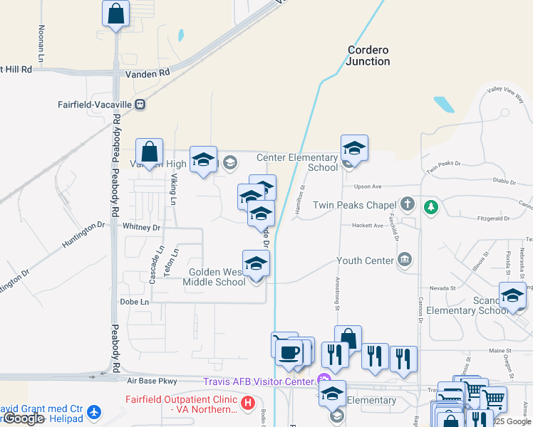 map of restaurants, bars, coffee shops, grocery stores, and more near 2775 De Ronde Drive in Fairfield