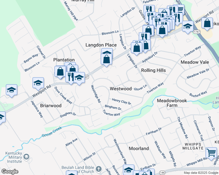 map of restaurants, bars, coffee shops, grocery stores, and more near 9104 Tangley Lane in Louisville
