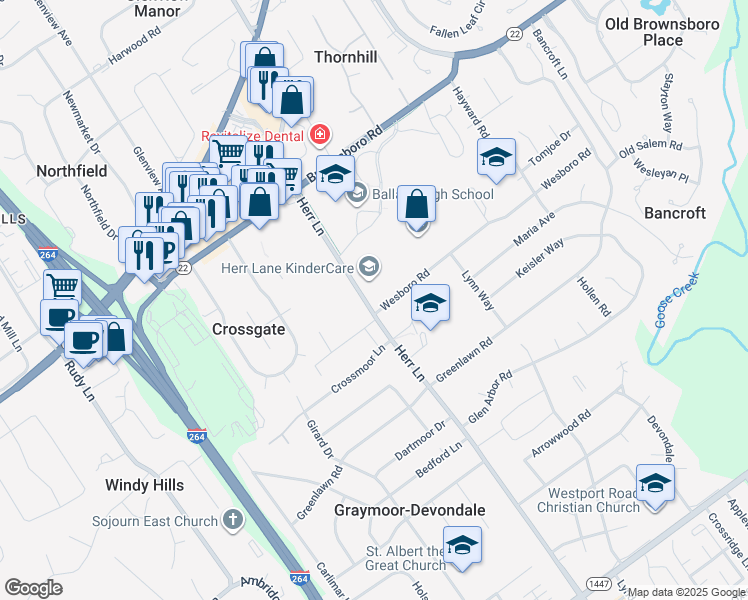 map of restaurants, bars, coffee shops, grocery stores, and more near 7101 Wesboro Road in Louisville