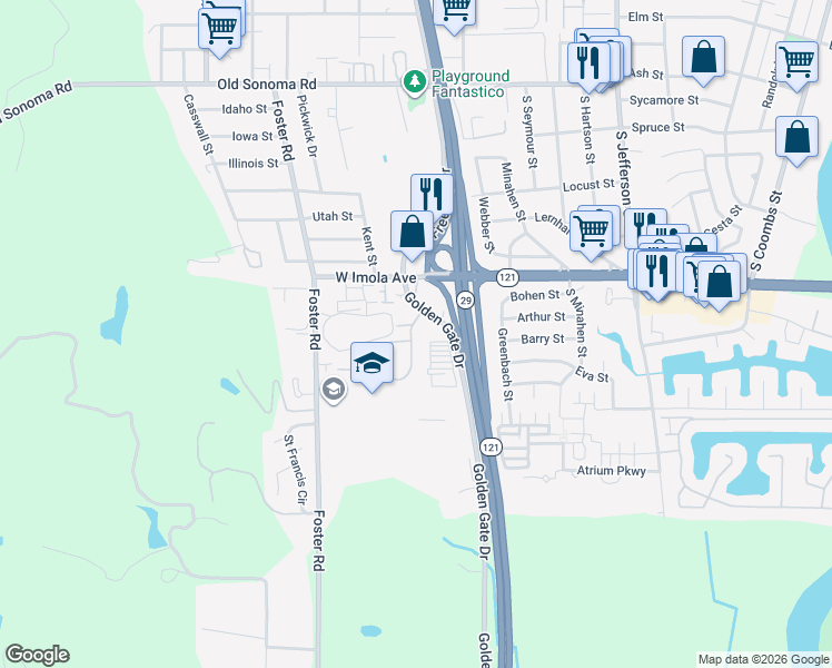 map of restaurants, bars, coffee shops, grocery stores, and more near 18 Golden Gate Circle in Napa
