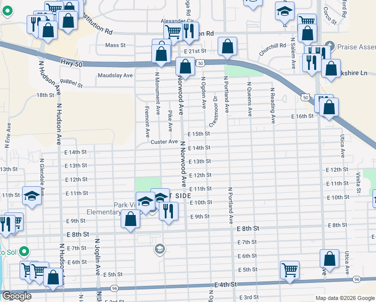 map of restaurants, bars, coffee shops, grocery stores, and more near in Pueblo