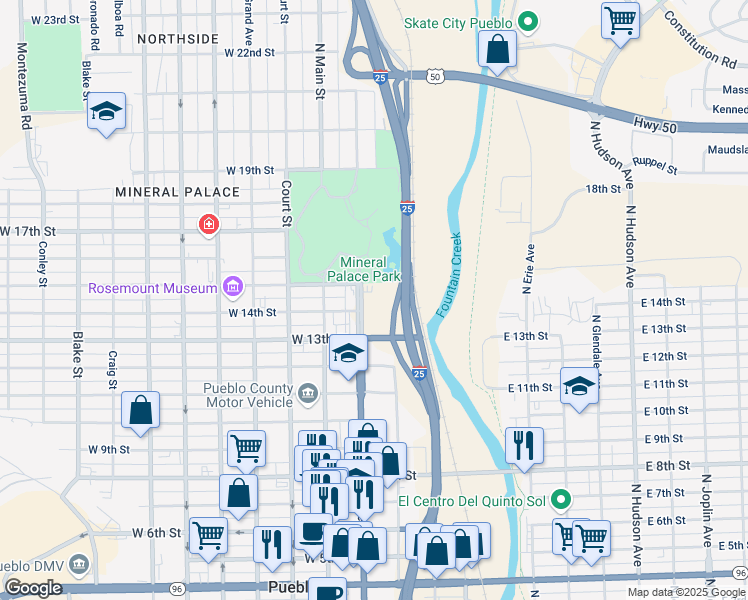 map of restaurants, bars, coffee shops, grocery stores, and more near 1414 North Santa Fe Avenue in Pueblo
