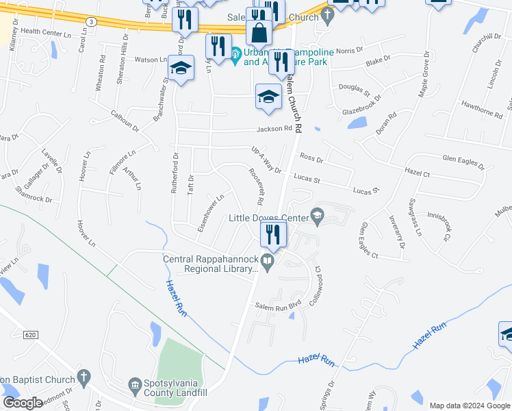 map of restaurants, bars, coffee shops, grocery stores, and more near 11724 Roosevelt Road in Fredericksburg