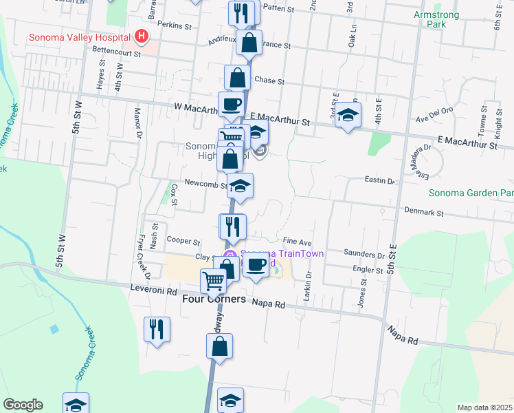 map of restaurants, bars, coffee shops, grocery stores, and more near 1150 Broadway in Sonoma