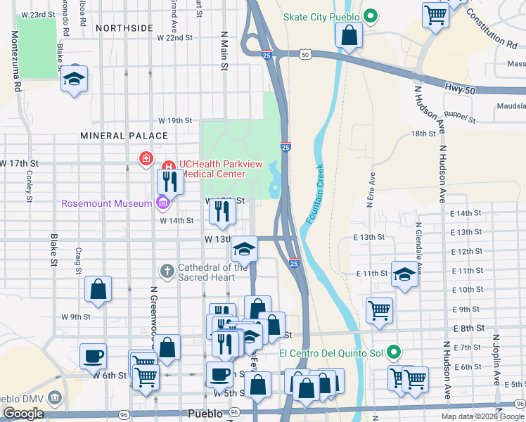 map of restaurants, bars, coffee shops, grocery stores, and more near 1414 North Santa Fe Avenue in Pueblo
