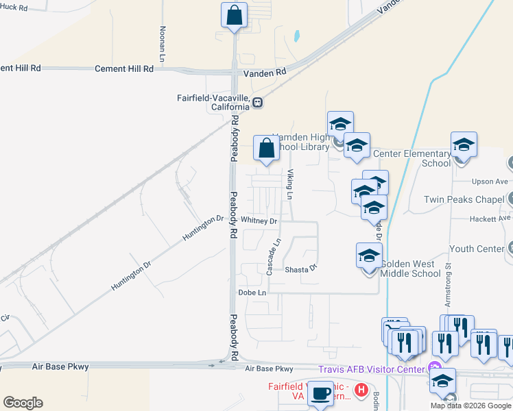 map of restaurants, bars, coffee shops, grocery stores, and more near 3001 Puffin Circle in Fairfield
