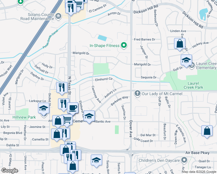 map of restaurants, bars, coffee shops, grocery stores, and more near 2626 Bloomfield Court in Fairfield