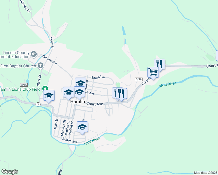 map of restaurants, bars, coffee shops, grocery stores, and more near 8182 Baker St in Hamlin