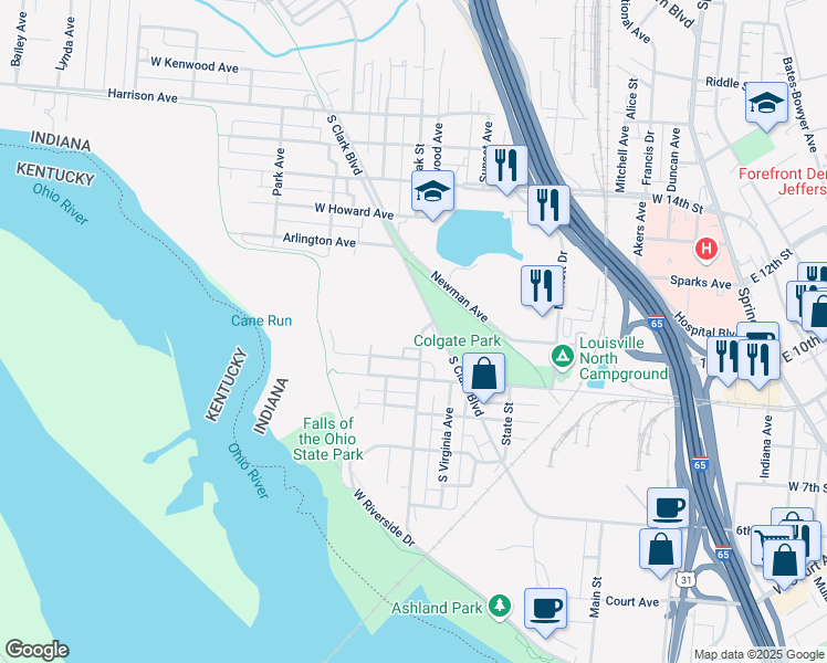 map of restaurants, bars, coffee shops, grocery stores, and more near 805 South Sherwood Avenue in Clarksville