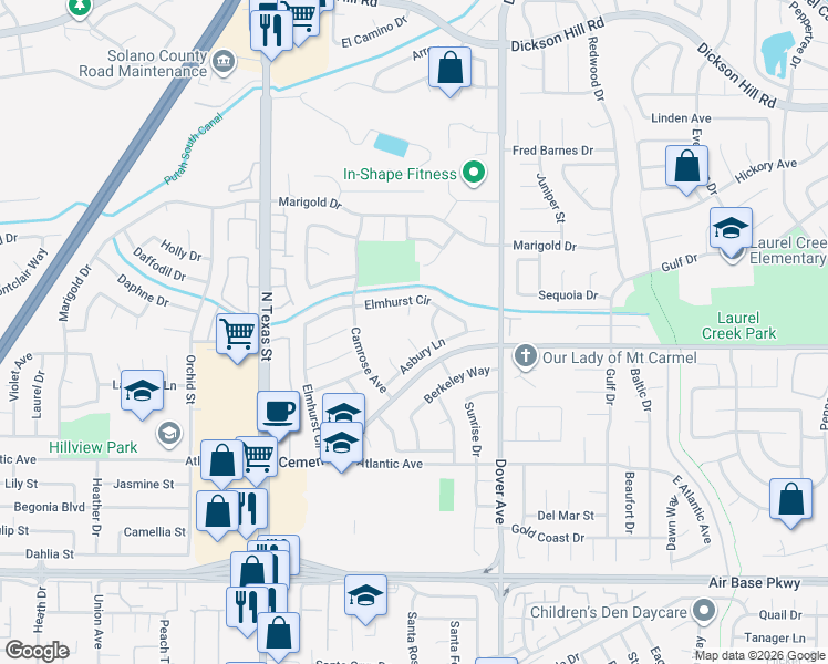 map of restaurants, bars, coffee shops, grocery stores, and more near 2626 Bloomfield Court in Fairfield