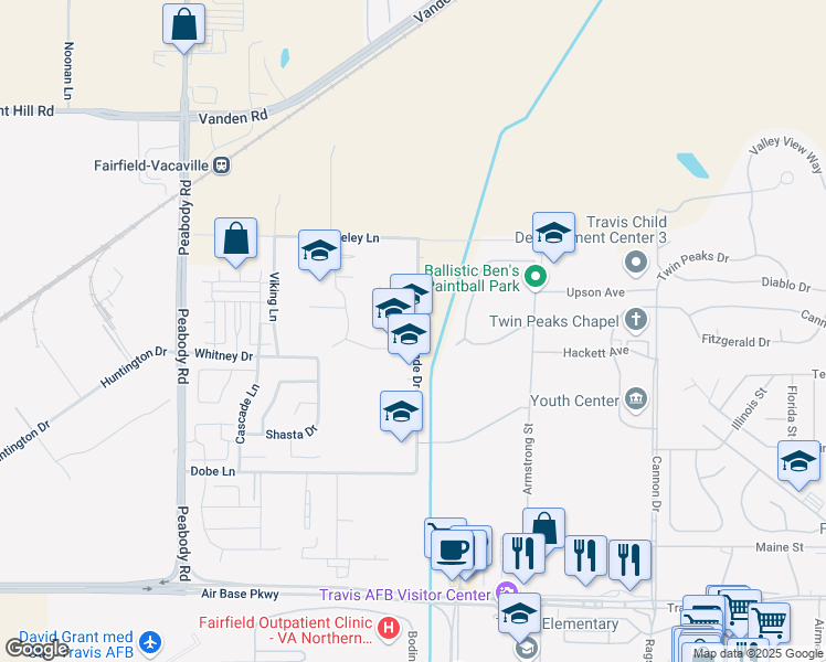 map of restaurants, bars, coffee shops, grocery stores, and more near 2785 De Ronde Drive in Fairfield