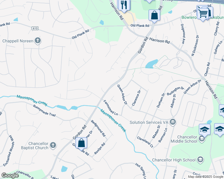 map of restaurants, bars, coffee shops, grocery stores, and more near 11719 Gordon Road in Fredericksburg