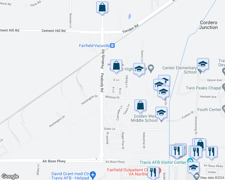 map of restaurants, bars, coffee shops, grocery stores, and more near 3017 Puffin Circle in Fairfield