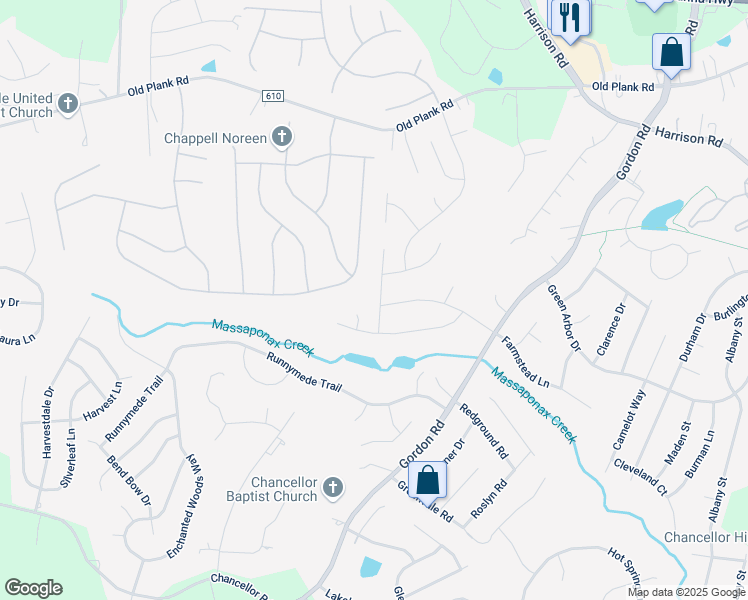 map of restaurants, bars, coffee shops, grocery stores, and more near 11708 Geranium Street in Fredericksburg