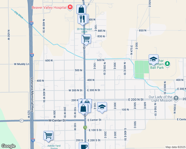 map of restaurants, bars, coffee shops, grocery stores, and more near 455 North 100 East Street in Beaver