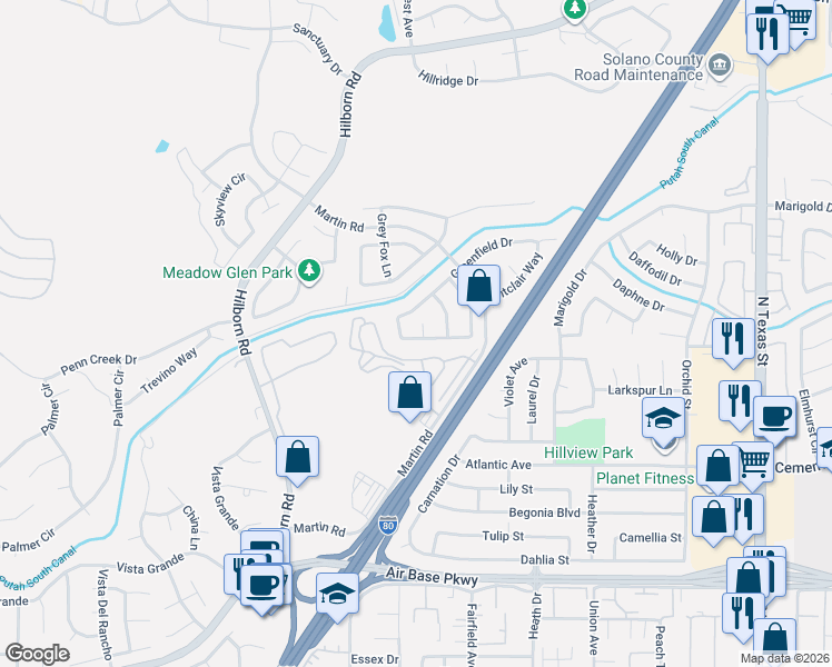 map of restaurants, bars, coffee shops, grocery stores, and more near 2173 Cedarbrook Drive in Fairfield
