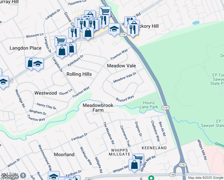 map of restaurants, bars, coffee shops, grocery stores, and more near 9711 Boxford Way in Louisville