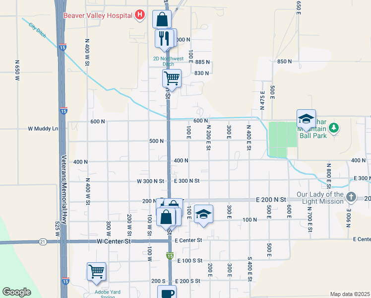 map of restaurants, bars, coffee shops, grocery stores, and more near 455 North 100 East Street in Beaver