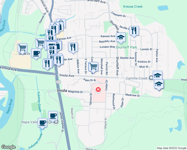 map of restaurants, bars, coffee shops, grocery stores, and more near 1100 Imola Avenue in Napa