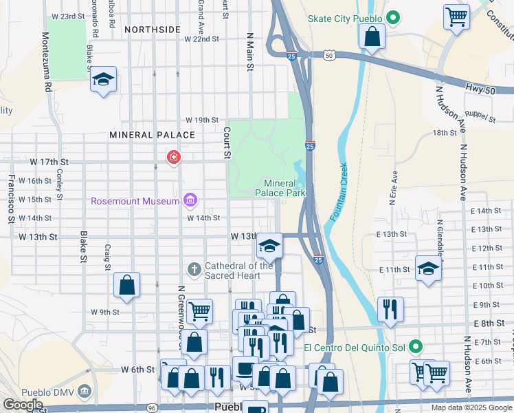 map of restaurants, bars, coffee shops, grocery stores, and more near 1414 North Main Street in Pueblo