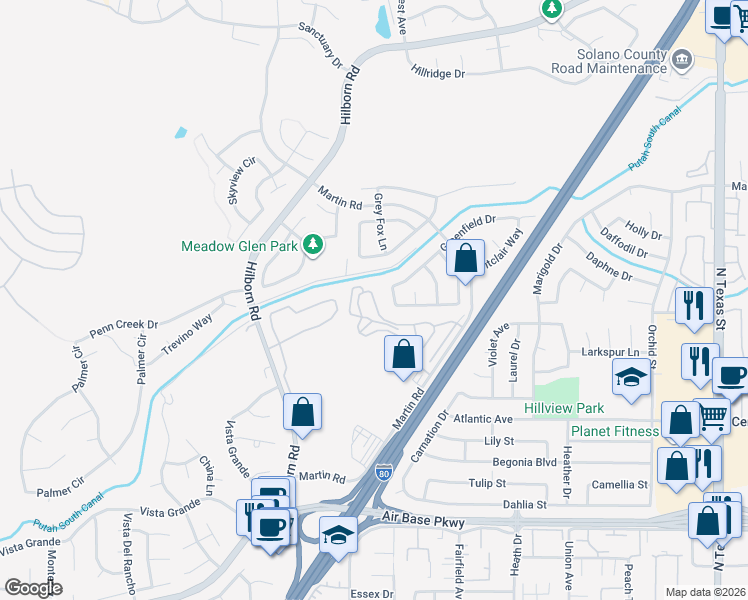 map of restaurants, bars, coffee shops, grocery stores, and more near 120 Goya Drive in Fairfield