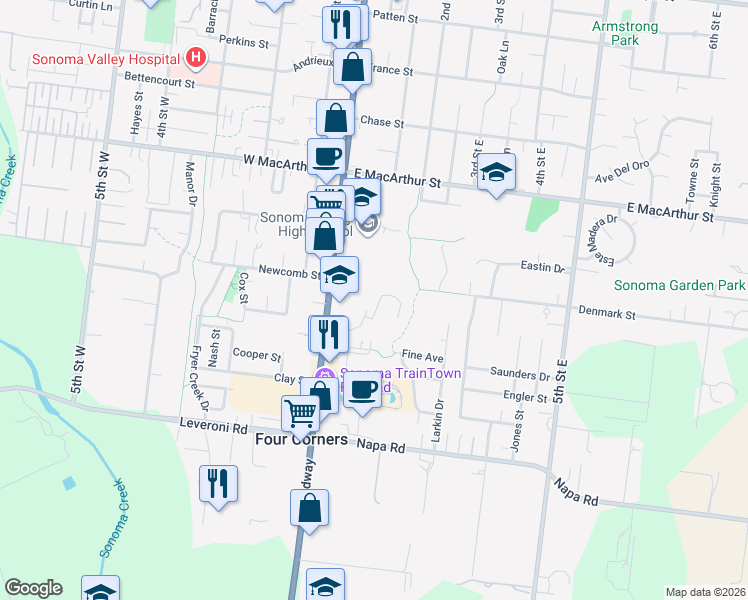 map of restaurants, bars, coffee shops, grocery stores, and more near 1150 Broadway in Sonoma