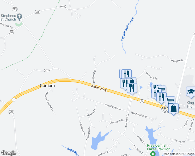 map of restaurants, bars, coffee shops, grocery stores, and more near 9433 Inaugural Drive in King George