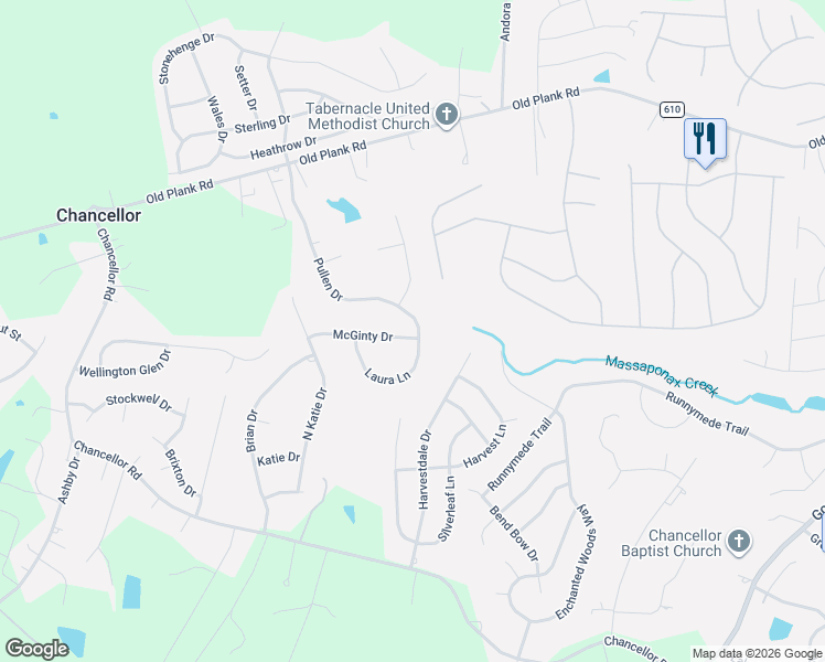 map of restaurants, bars, coffee shops, grocery stores, and more near 7312 Pullen Drive in Fredericksburg