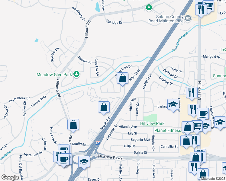 map of restaurants, bars, coffee shops, grocery stores, and more near 2136 Cedarbrook Drive in Fairfield