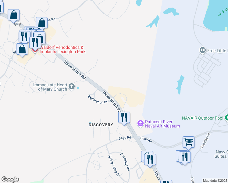 map of restaurants, bars, coffee shops, grocery stores, and more near 46655 Expedition Drive in Lexington Park