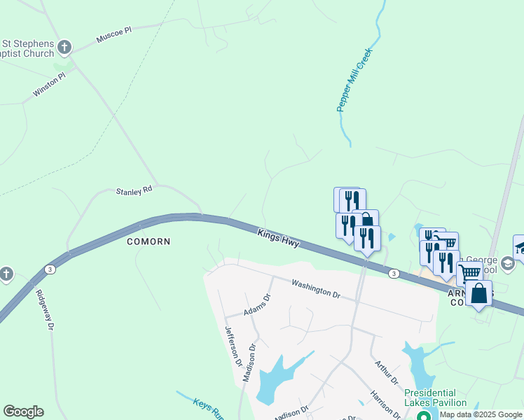 map of restaurants, bars, coffee shops, grocery stores, and more near 9444 Inaugural Drive in King George