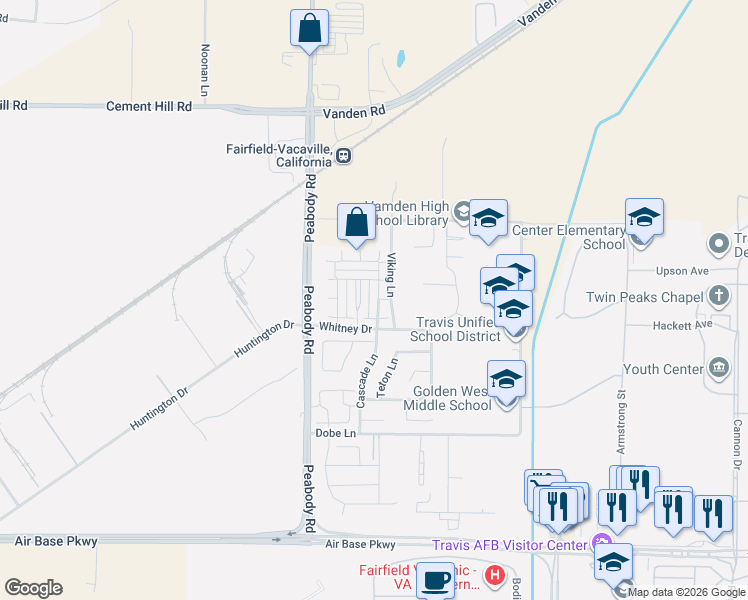 map of restaurants, bars, coffee shops, grocery stores, and more near 3200 Puffin Circle in Fairfield