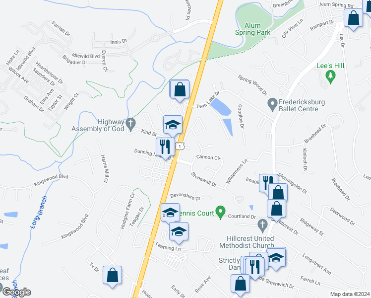 map of restaurants, bars, coffee shops, grocery stores, and more near 2302 Jefferson Davis Highway in Fredericksburg