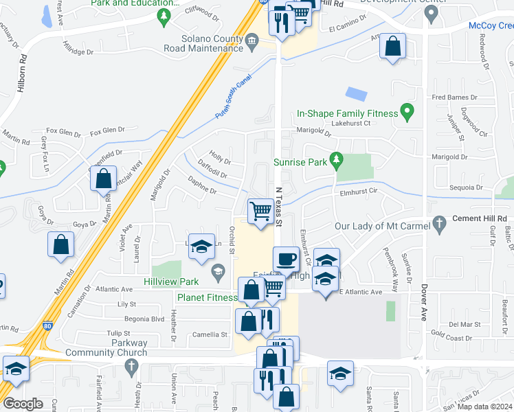 map of restaurants, bars, coffee shops, grocery stores, and more near 100 Hawthorn Drive in Fairfield