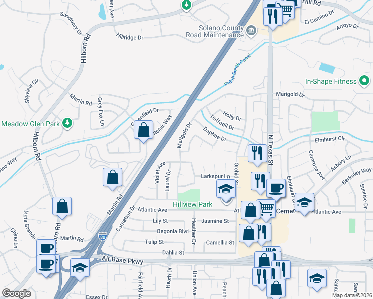 map of restaurants, bars, coffee shops, grocery stores, and more near 398 Honeysuckle Drive in Fairfield
