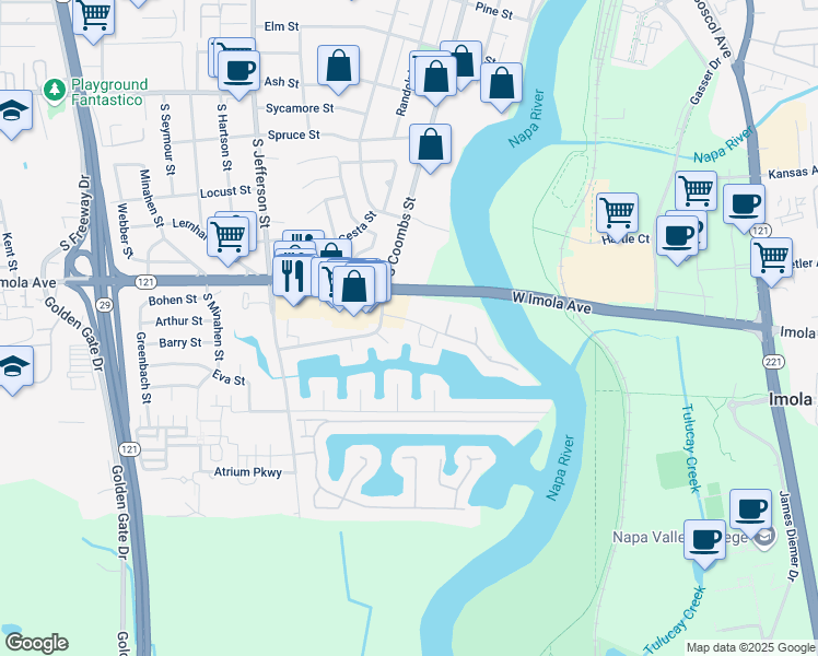 map of restaurants, bars, coffee shops, grocery stores, and more near 1003 Marina Drive in Napa