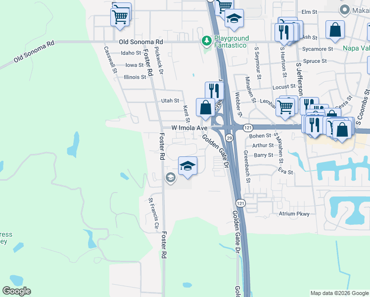 map of restaurants, bars, coffee shops, grocery stores, and more near 50 Village Parkway in Napa