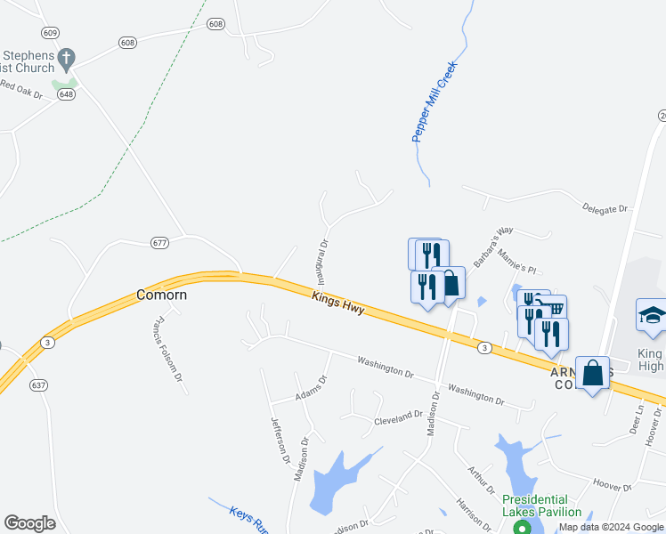 map of restaurants, bars, coffee shops, grocery stores, and more near 9431 Inaugural Drive in King George
