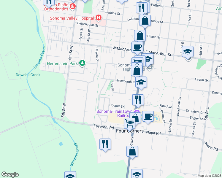 map of restaurants, bars, coffee shops, grocery stores, and more near 1169 Cox Street in Sonoma